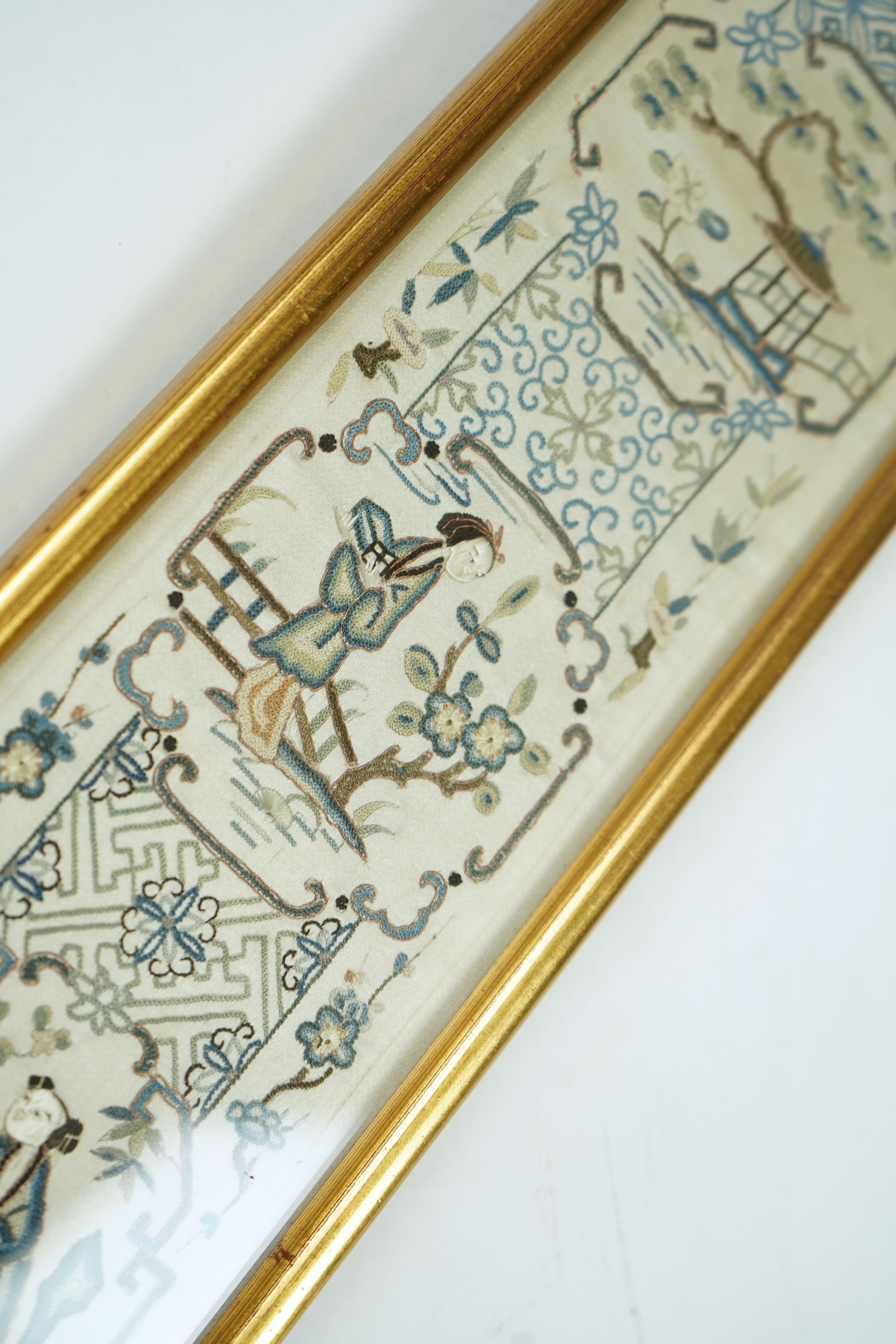 A pair of 19th century Chinese figural silk embroidered sleeve bands. Embroidered in Chinese knot stitch, mostly in blues silk threads on a cream silk backing. 49cm long x 9.5cm wide., Condition - backing fabric and embr